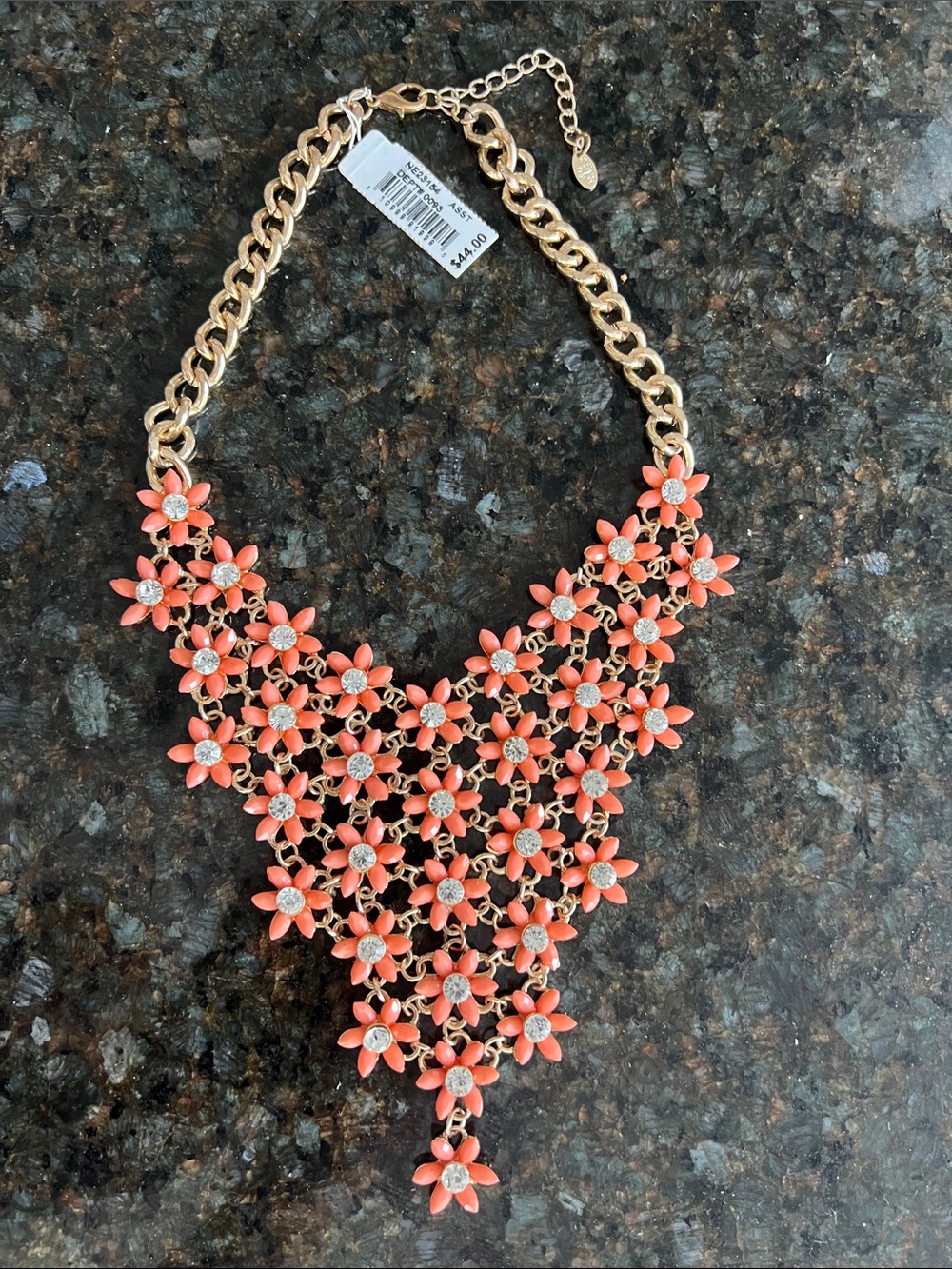 Coral Floral Bib Necklace with Gold-Tone Chain